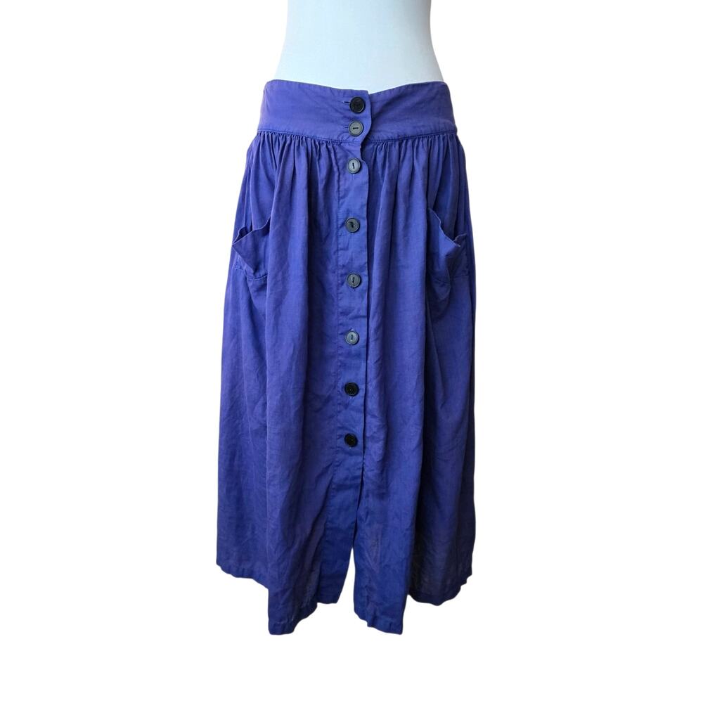 Cottage Feminine 100% Linen Button Front Midi Skirt With Apron Pockets Blue Zara